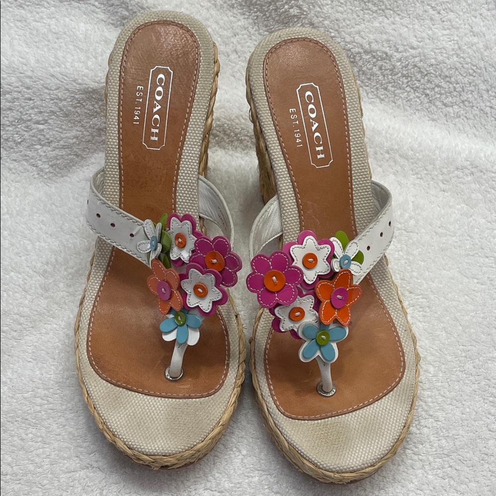 Coach Women's Wedge Sandals with Floral Accents - White and Tan